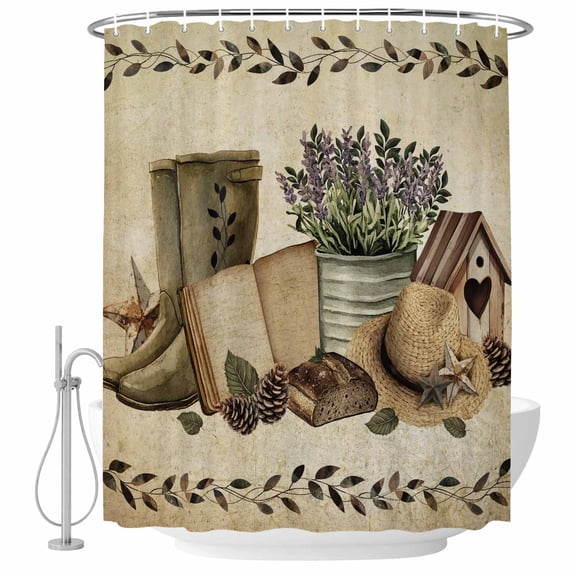 Vintage Farmhouse Shower Curtain Set - 72" x 78" Washable Bathtub Curtain with 12 Hooks, Retro Country Boots Flowers Leaf Book Waterproof Fabric Stall Shower Curtains for Bathroom/Bathtub Décor