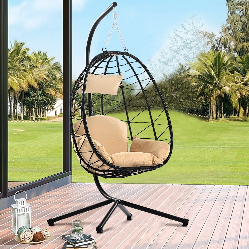 Brown Stylish Comfortable Relaxing with Cushion and Stand Resin Wicker Hanging Egg Swing Chair for Indoor Outdoor Patio Backyard