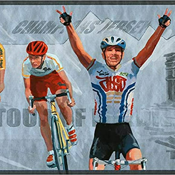 Concord Wallcoverings Wallpaper Border Sports Pattern Bicycle Race Paris for Kids Room Gym, Grey Blue Green, 9 in x 15 Ft, IN2622B
