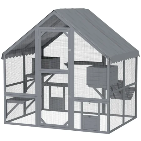 Feline Adventures Catio 2-Story with 2 Condos & 4 Platforms Outdoor Cat House with Waterproof Cover Gray
