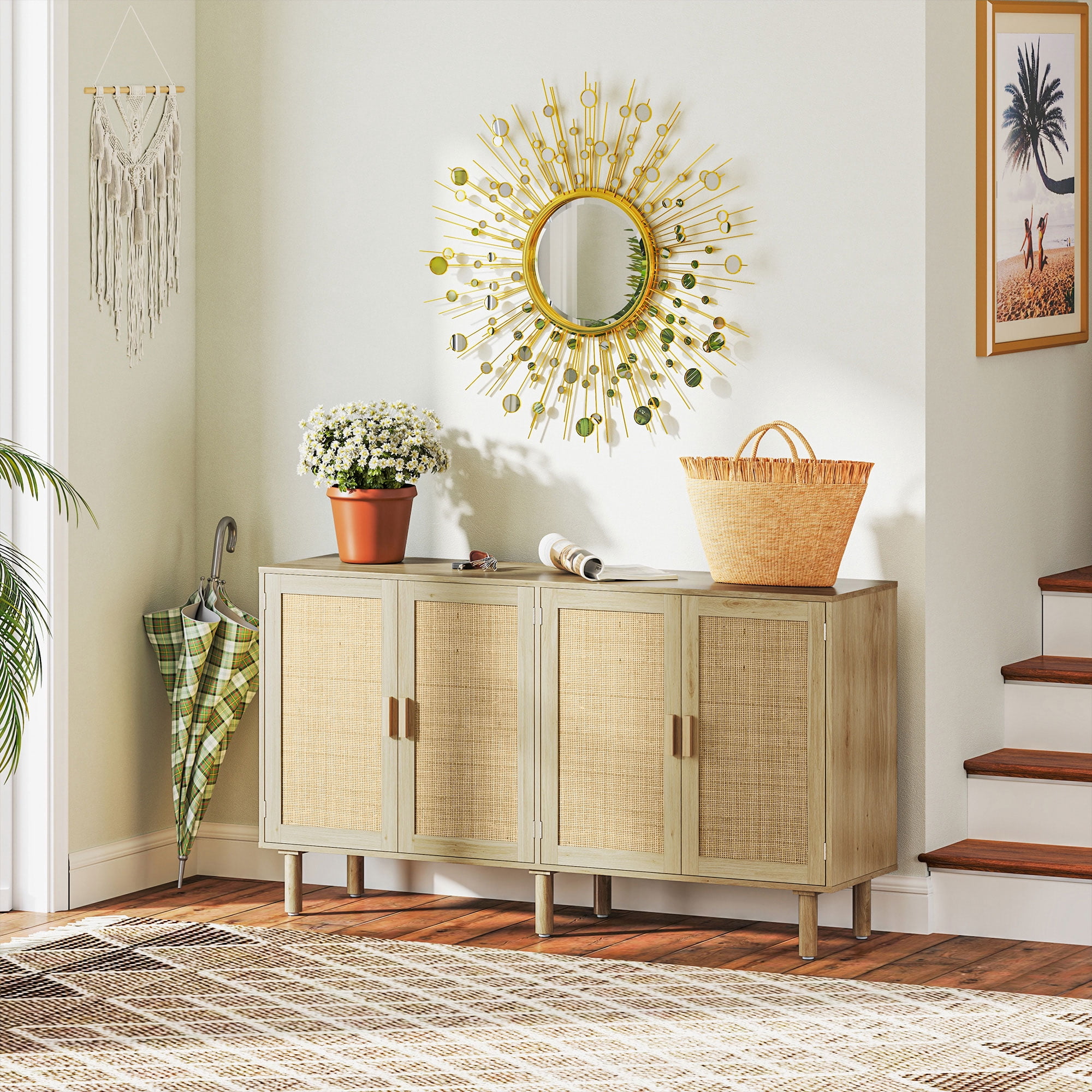 HOQBN 62.2" Bohemian Sideboard, Buffet Cabinet with 4 Rattan Doors and Shelves for Living Room, Hallway, Natural