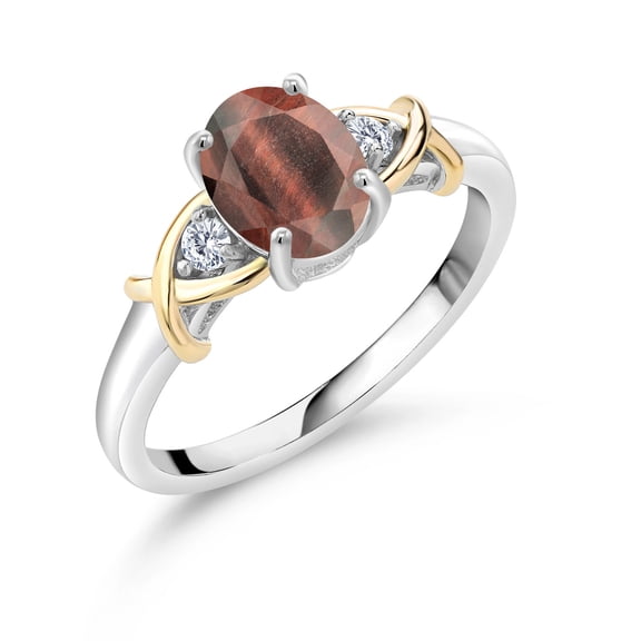 Gem Stone King 2 Tone 10K Yellow Gold and 925 Sterling Silver Red Tiger Eye and Lab Grown Diamond Ring for Women | 1.33 Cttw | Oval 8X6MM | Size 9