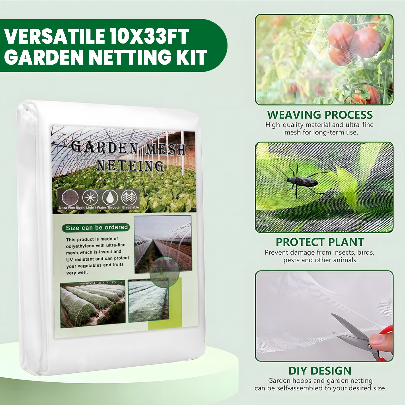 KORALAKIRI Garden Netting Kit, 10x33FT Mesh Netting, 6 Sets of Fiberglass Garden Hoops for Raised Beds, Insect Netting Row Cover, Pest Barrier Protection for Vegetable Fruits Flowers