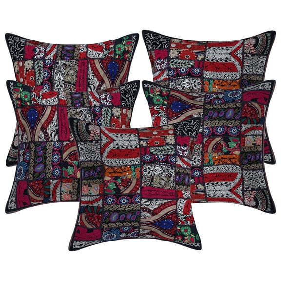 Stylo Culture Ethnic Cotton Living Room Throw Pillow Covers Black 20 x 20 Bohemian Vintage Patchwork Ethnic Sofa Cushion Covers 50x50 cm Decorative Abstract Square Pillow Cases | Set Of 5
