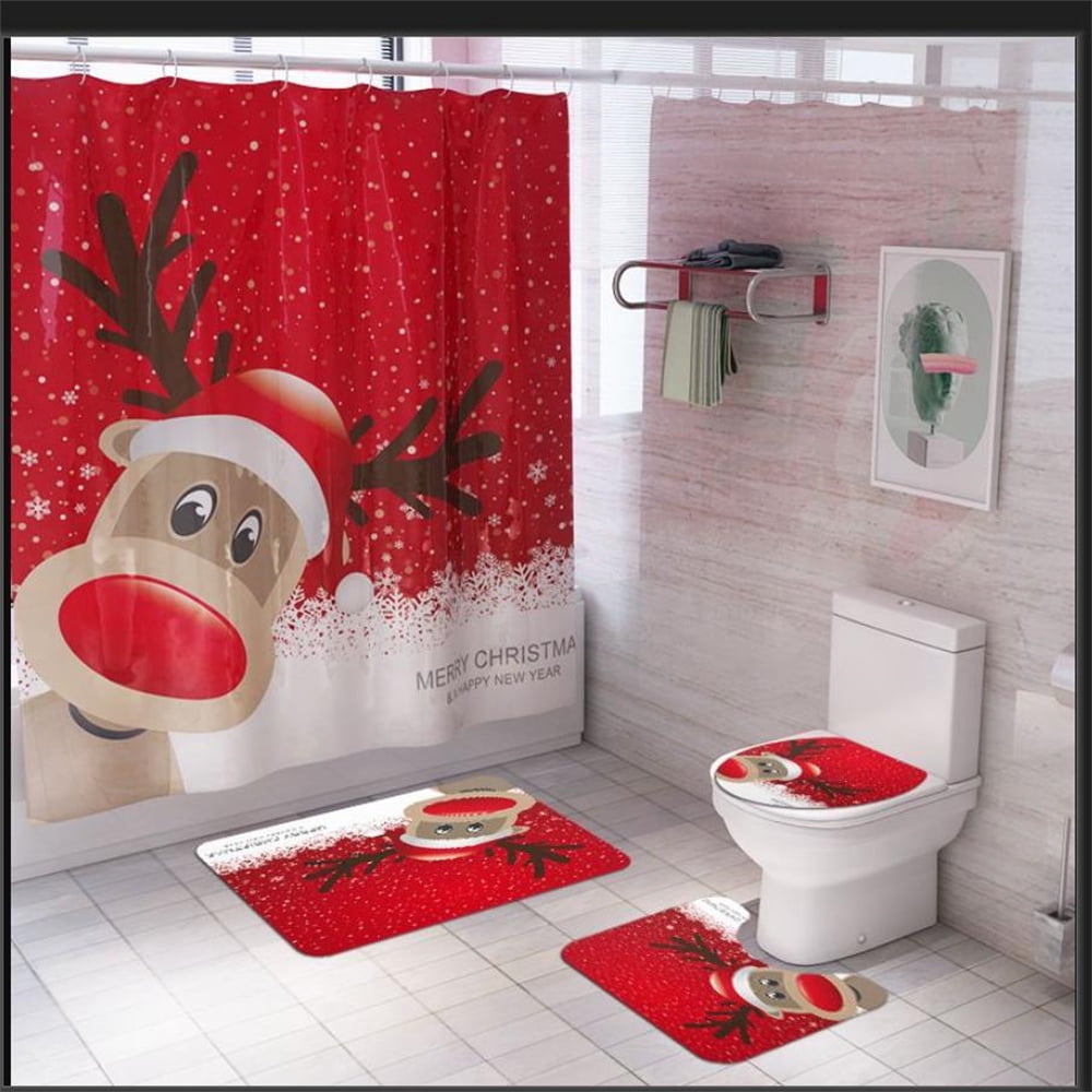 Merry Christmas Shower Curtain Set Of 4 With NonSlip Rug, Toilet Cover And Bath Mat, Christmas