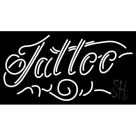 White Tattoo LED Neon Sign 13" Tall x 24" Wide - inches Black Square Cut Acrylic Backing, with Dimmer - Premium built indoor Sign for Storefront, Store interior, Workshop, Studio.