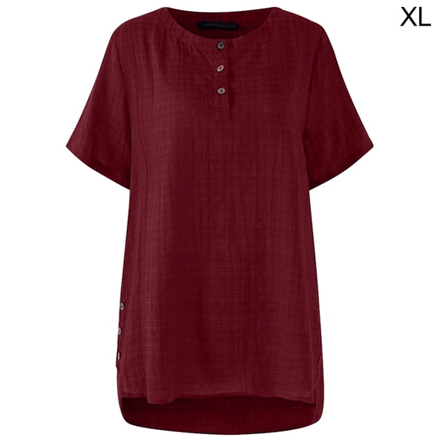 Camiseta a cuadros Mujer Verano Botón Blusa de manga corta Top suelto, Rojo vino, XL kenally AP001353-16