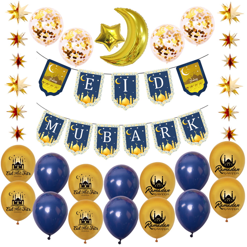 Eid Mubarak Foil Balloons Gold Silver Letters Banner Hanging Ramadan Decorations 