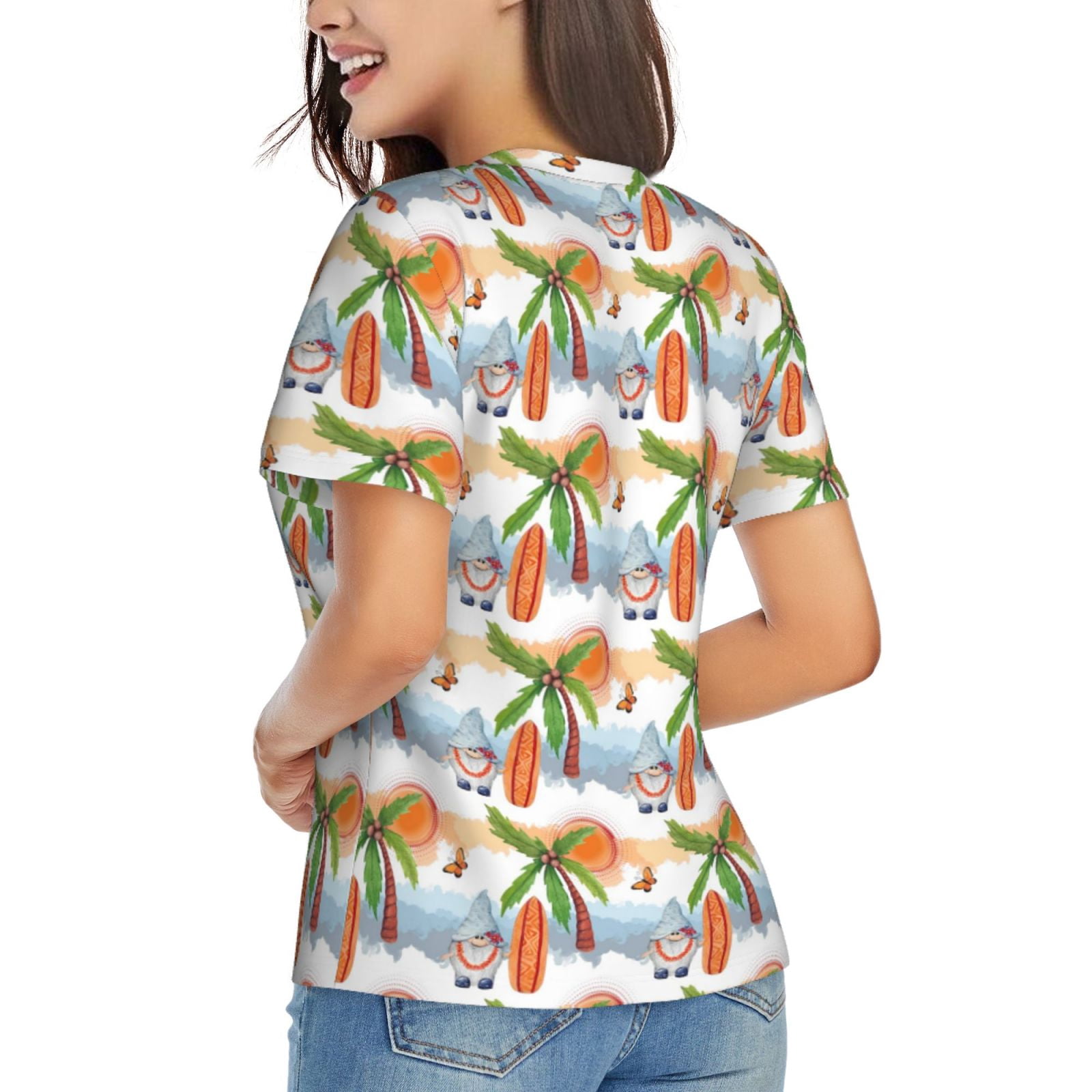 Xecao Gnome and Surfing for Women's V-Neck T-Shirts-Elegant Half-Sleeve Tops Perfect for Summer-X-Large