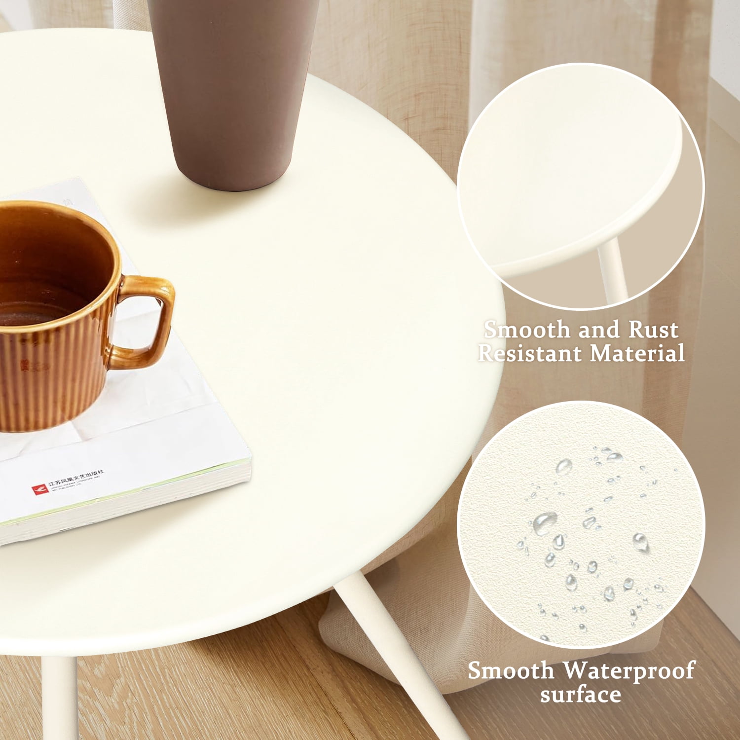 CERBIOR Round Side Table, End Table for Indoor & Outdoor Use, Small Side Tables for Small Spaces All Beige