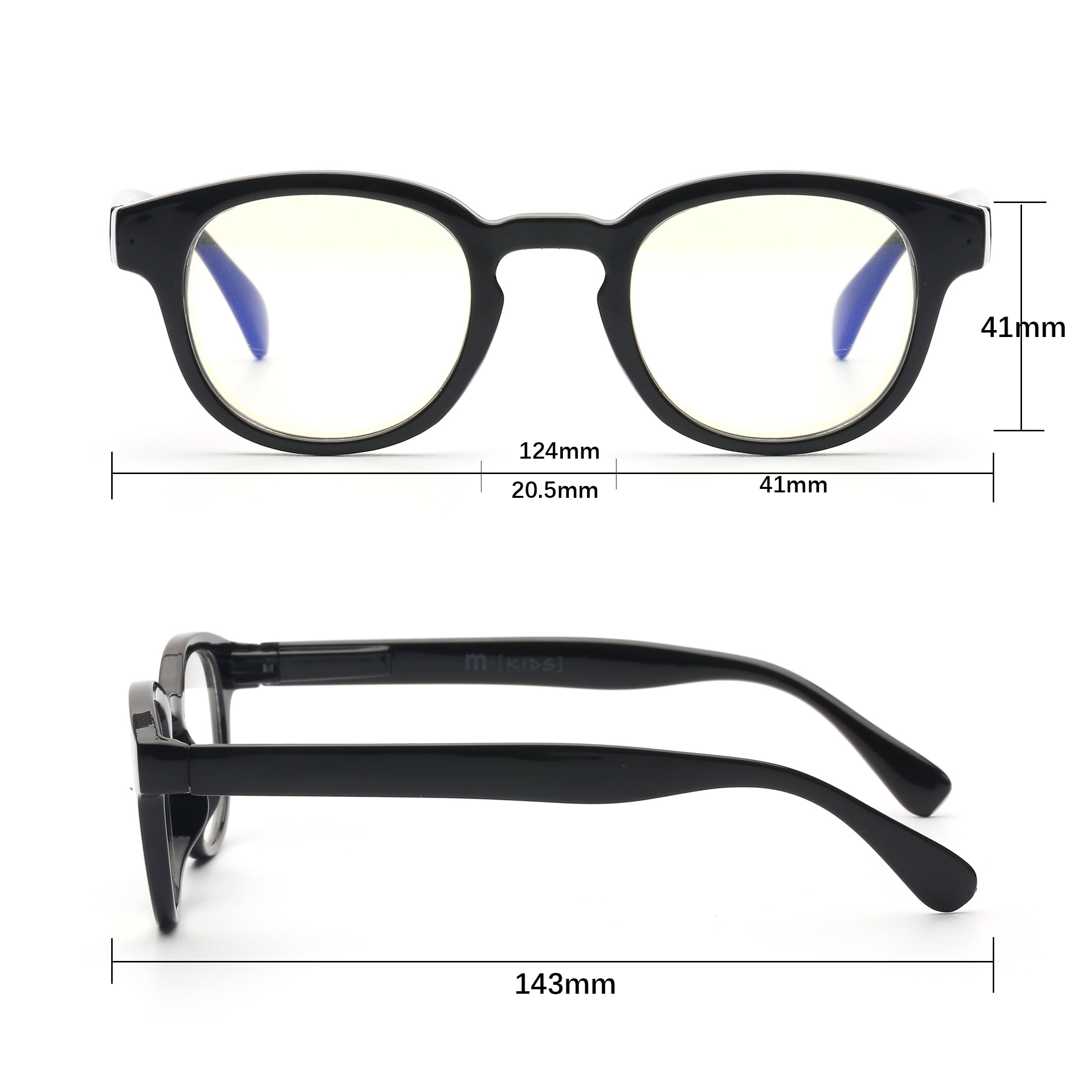 M+ Plano Blue Light Lens Injection Kids Unisex Frames, Felix, Black, 41.0-20.5-129, with Case
