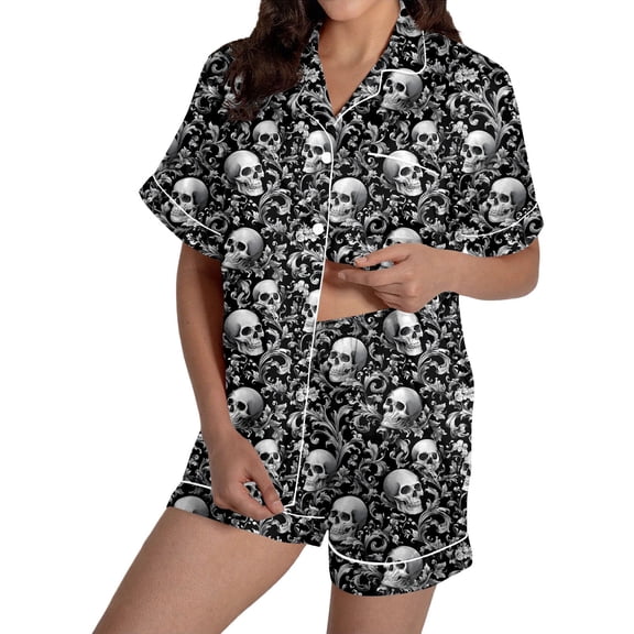 Halloween Silk Pajamas Women’s Fashion Casual Two Piece Pajama Set for Women Short Sleeve V Neck Top and Matching Shorts Sleepwear XL