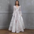 thumbnail image 3 of Quixlent Women Evening Dress Deep V Neck Lace Floral Embroideried Maxi Dress A-line Big Swing Long Lantern Sleeves High Waist Pleated Ball Gown Prom Party Dress, 3 of 7