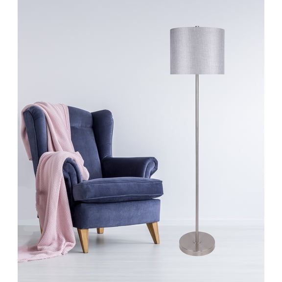 60" Brushed Nickel Floor Lamp with Slim-Line Design and Grey Sparkly Linen Shade