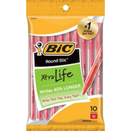 (2 Pack) BIC Round Stic Xtra Life Ballpoint Pen, Medium Point (1.0mm), Red, 10