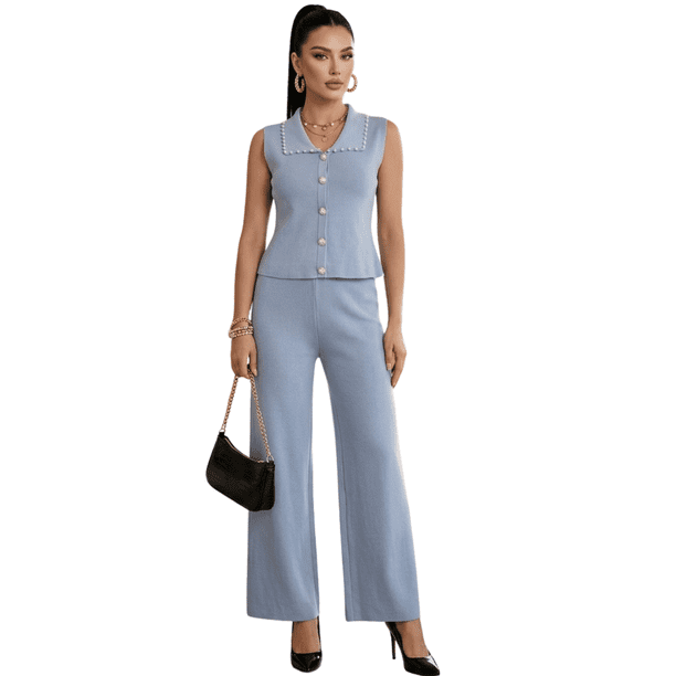Conjunto 2 Piezas Casual Chic para Mujer, Top Elegante con Botones y Pantalón Amplio Cómodo