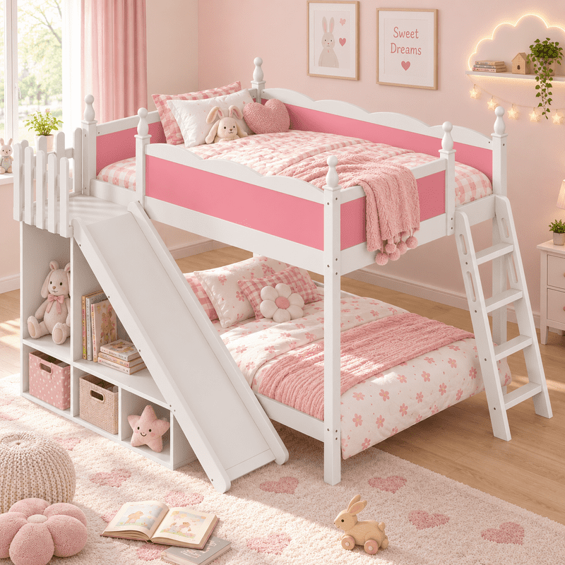 Full Over Full Bunk Bed with Slide and Ladder, Solid Wood Kids Bunk Bed with Storage Shelves and Hanging Rod, Low Profile Design, Full-Length Guardrails