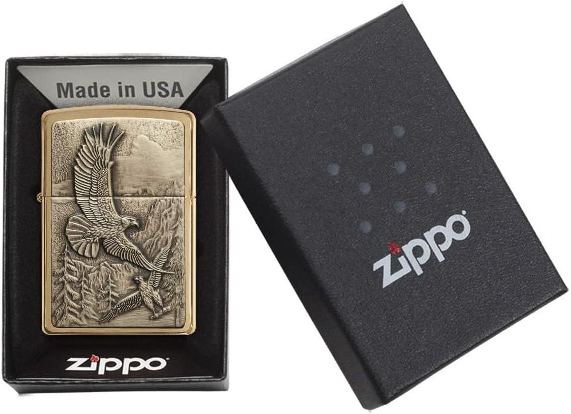 Zippo Lighter - Personalized Message Engraved on Backside Americana Eagle Prey USA Flag Patriotic (Brushed Brass #20854)