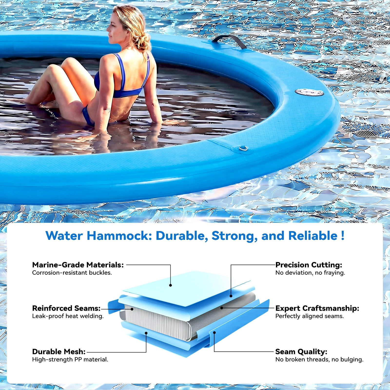 Danrelax 8FT Sunchill Round Inflatable Float Ring for Adults, Heavy Duty Hammock Pool Lounger with Pump, for Lake, Ocean & Pool