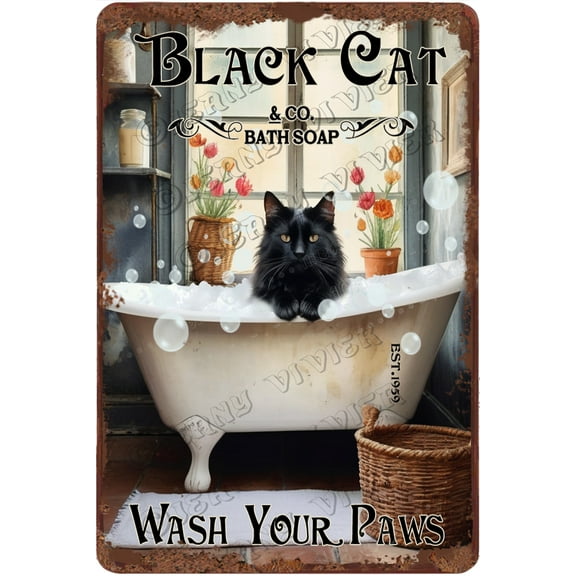 Animals Prints Wall Decor A Cute Black Cat in Bath Pictures Posters Funny Bathroom Wall Art Wash Your Paws Sign Vintage Black Cat Metal Sign 12"x8"
