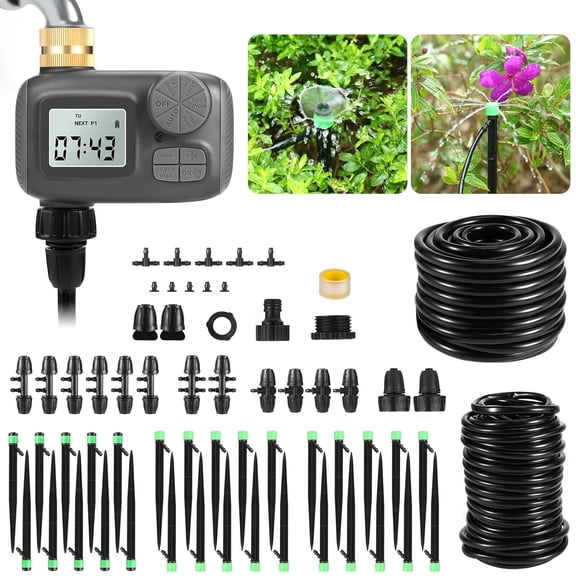 Smart Drip Irrigation System, Adjustable Timed Watering for Raised Beds & Potted Plants, Includes Leak-Resistant Tubing Kit