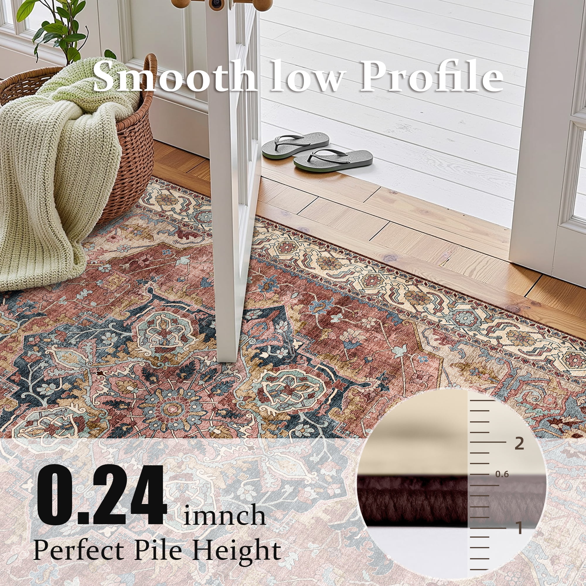 ATHOPE 5x7 Area Rugs for Living Room Bedroom, Washable Soft Rug with Non-Slip Backing, Large Floral Vintage Distress Print Pattern Carpet, Brick Red