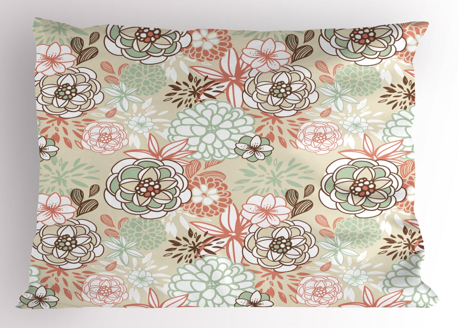 Floral Pillow Sham Vintage Romantic Wildflowers in Various Kinds Doodle Drawing Style Love, Decorative Standard King Size Printed Pillowcase, 36 X 20 Inches, Pale Green Brown Peach, by Ambesonne