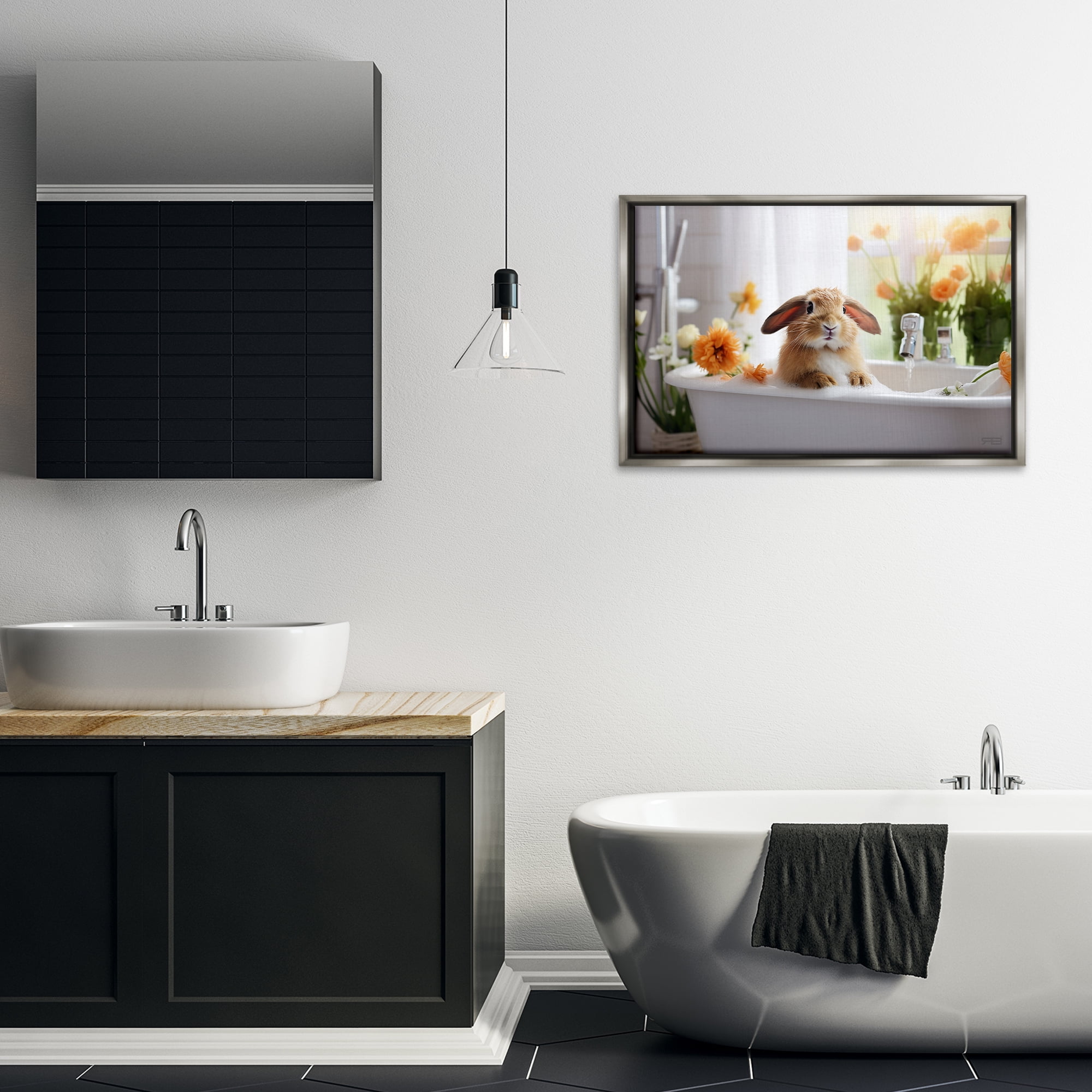 Stupell Industries Bathing Baby Bunny Typography Painting Gray Floater Framed Canvas Art Print Wall Art, 31 x 21