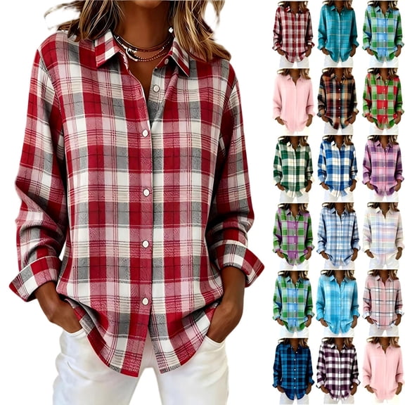 Tqcoqu Women's Cotton Button Down Shirts,Long Sleeve Plaid Shirt Blouses,Lightweight Business Dressy Casual Top