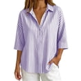 thumbnail image 4 of Qgtaibl Womens Striped Tunic Tops Trendy 3/4 Length Sleeve Lapel Half Button Down Shirts Lightweight Loose Fit Casual Blouse Purple M, 4 of 7