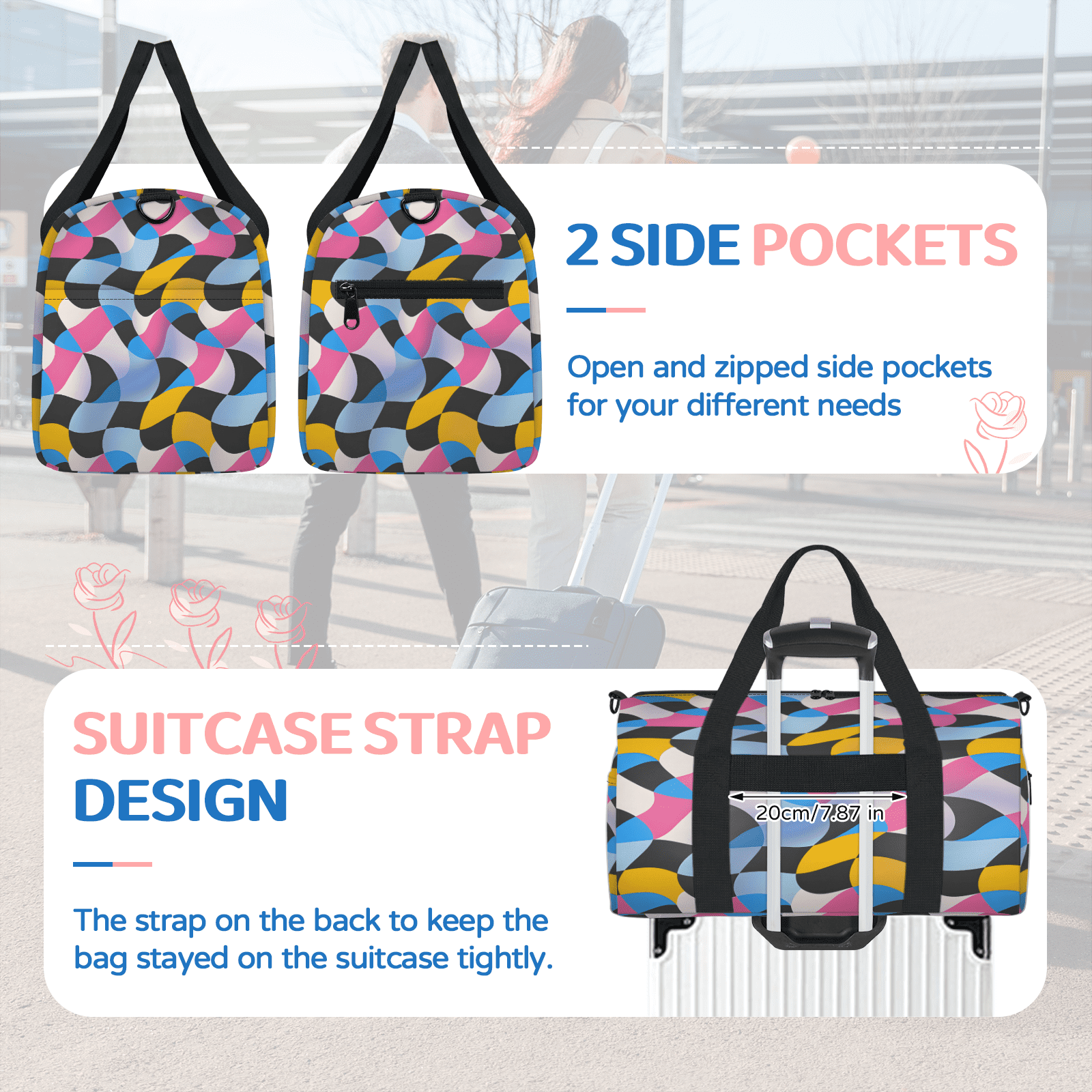 Herdesigns Geometric Shapes Travel Duffle Bag Sports Yoga Weekender Overnight Carry on Workout Bags Lightweight Waterproof Gym Tote Bag for Women Modern Abstract