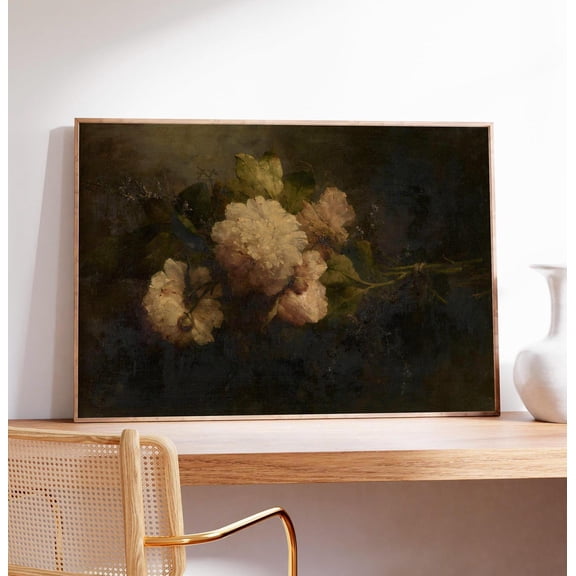Moody Peony Floral, Dark Vintage Still Life Art Poster, Unframed Poster Size 8x12