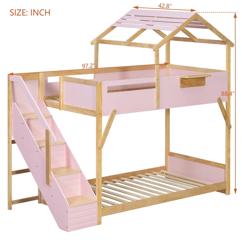 Twin over Twin House-Shaped Bunk Bed with Roof & Stairs, Kids Bed Frame with 3-Color LED Lights & Bedside Storage Shelf