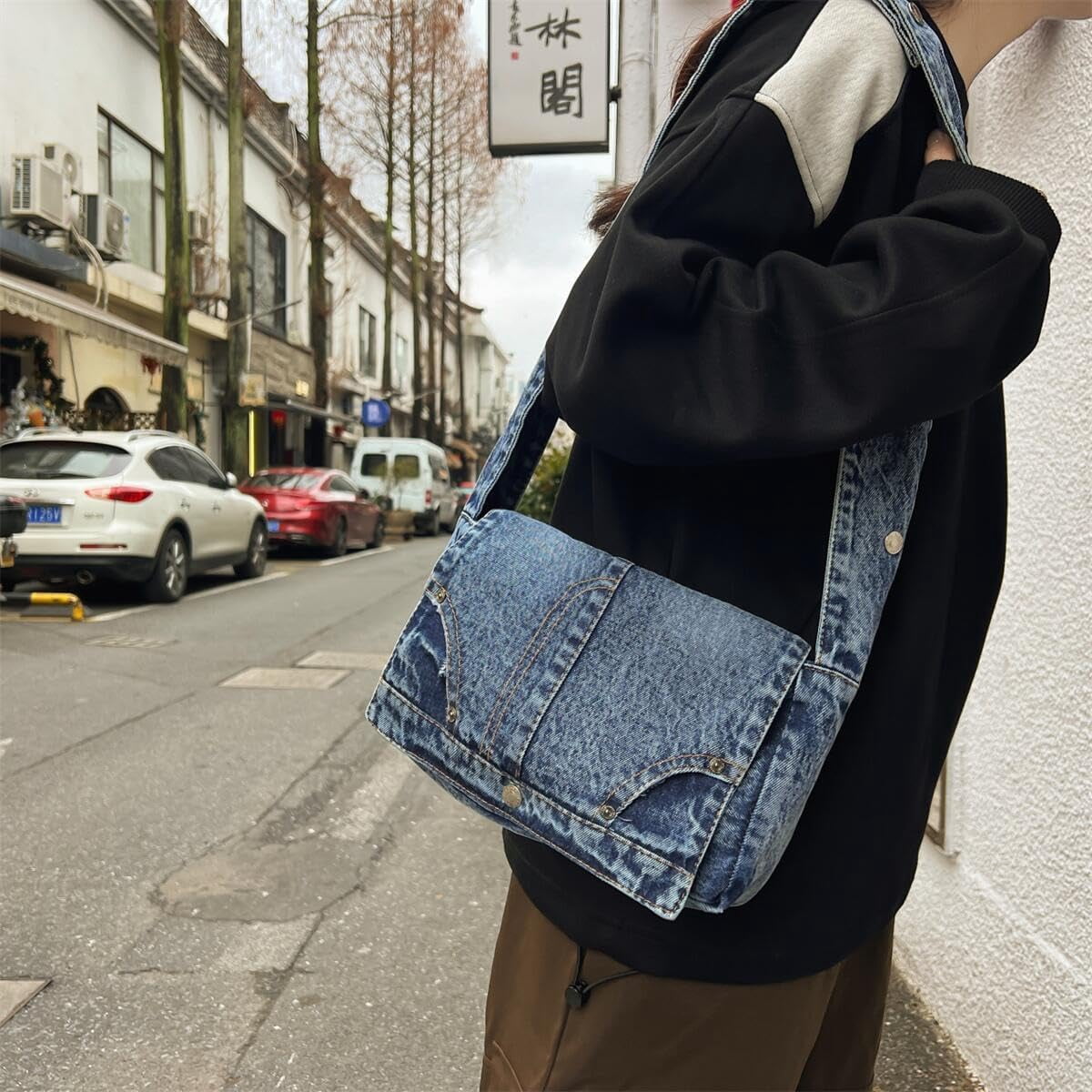 CoCoMangos Denim Shoulder Bag for Women Satchels Large Crossbody Handbag Jean Casual Tote Purse