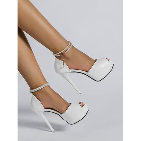 

Faux Pearl Decor Peep Toe Platform Stiletto Heeled Ankle Strap Pumps Women‘s Footwear
