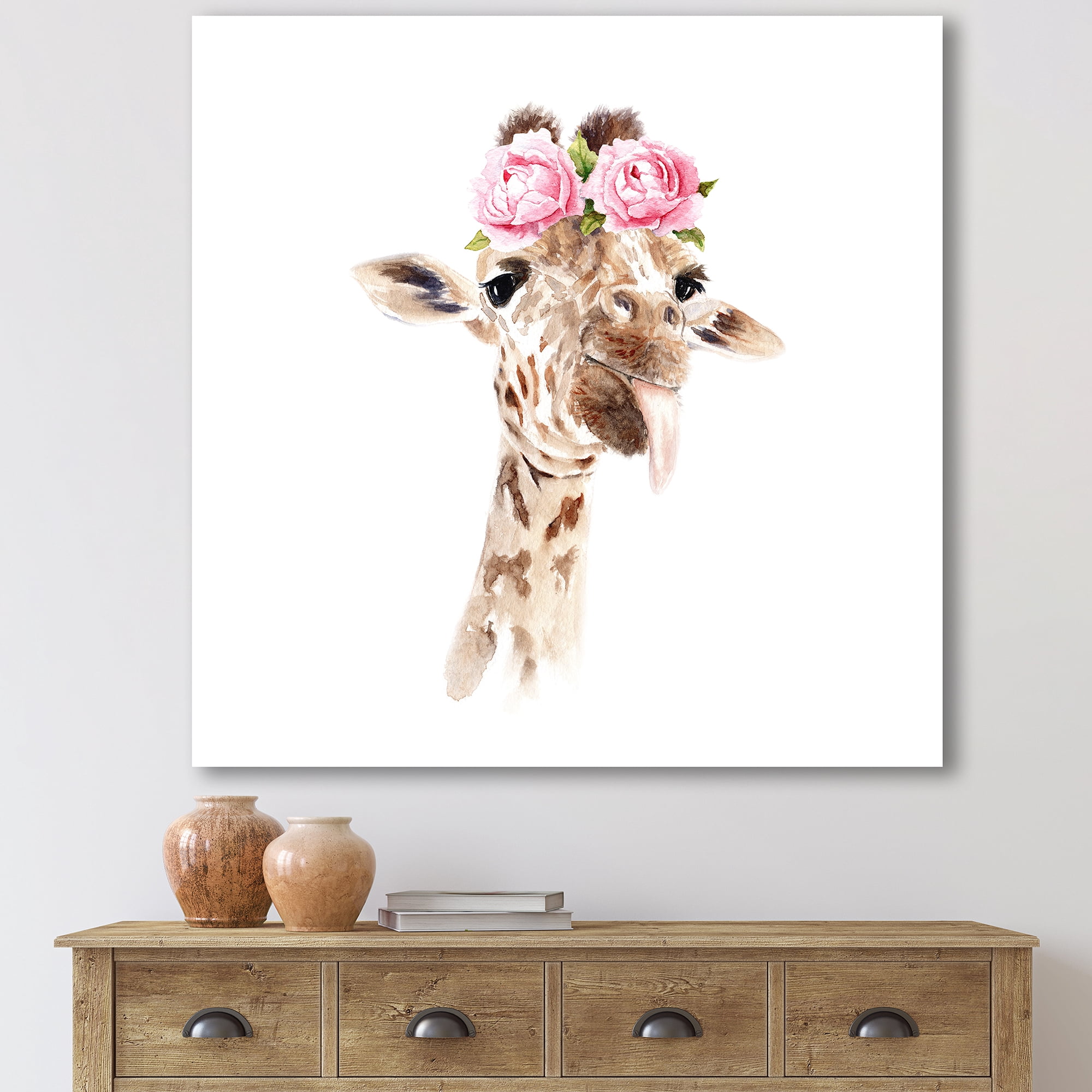 Designart ' Portrait of A Giraffe With Pink Flowers ' Farmhouse Canvas Wall Art Print