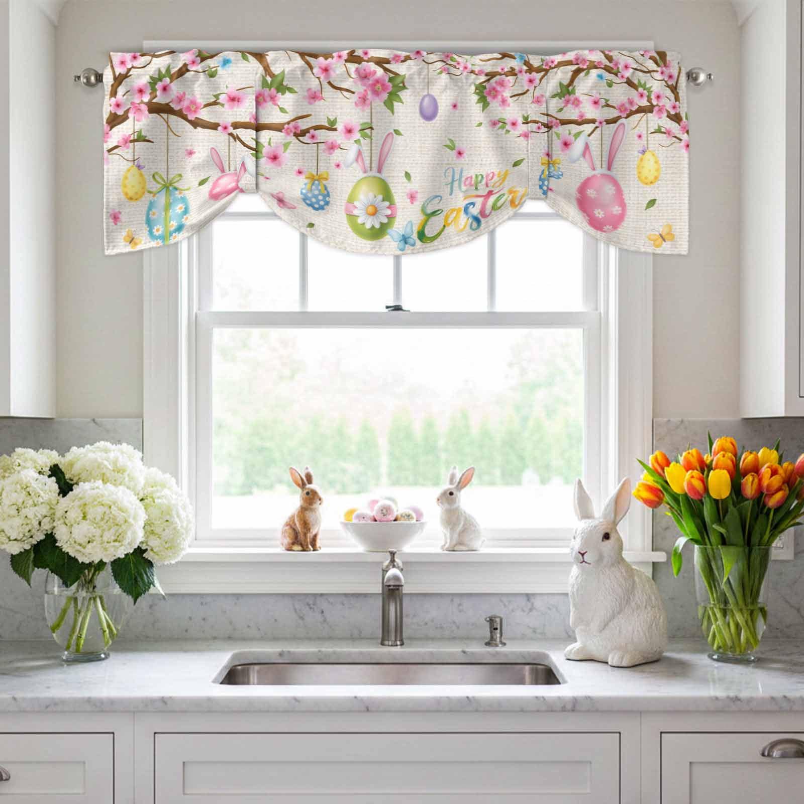 Happy Easter Tie Up Valances Curtain, Colorful Rabbit Ears on Easter Egg Spring Floral Tree Linen Texture Adjustable Rod Pocket Short Window Treatment Tie Up Curtains for Kitchen Living Room 60x18 In