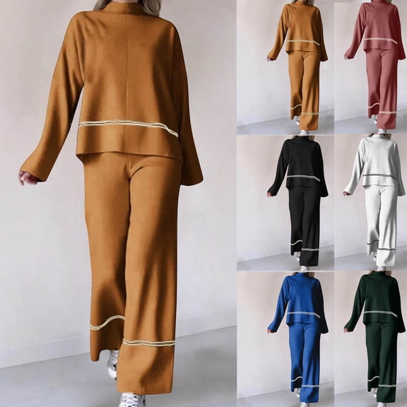 YHAJDS Two Piece Set for Women,Suit Set Outfits for Women 2 Piece Set Solid Color High Neck Striped Split Hem Top with Flared Pants Fashion Design Casual Fall Winter Long Sleeve Set