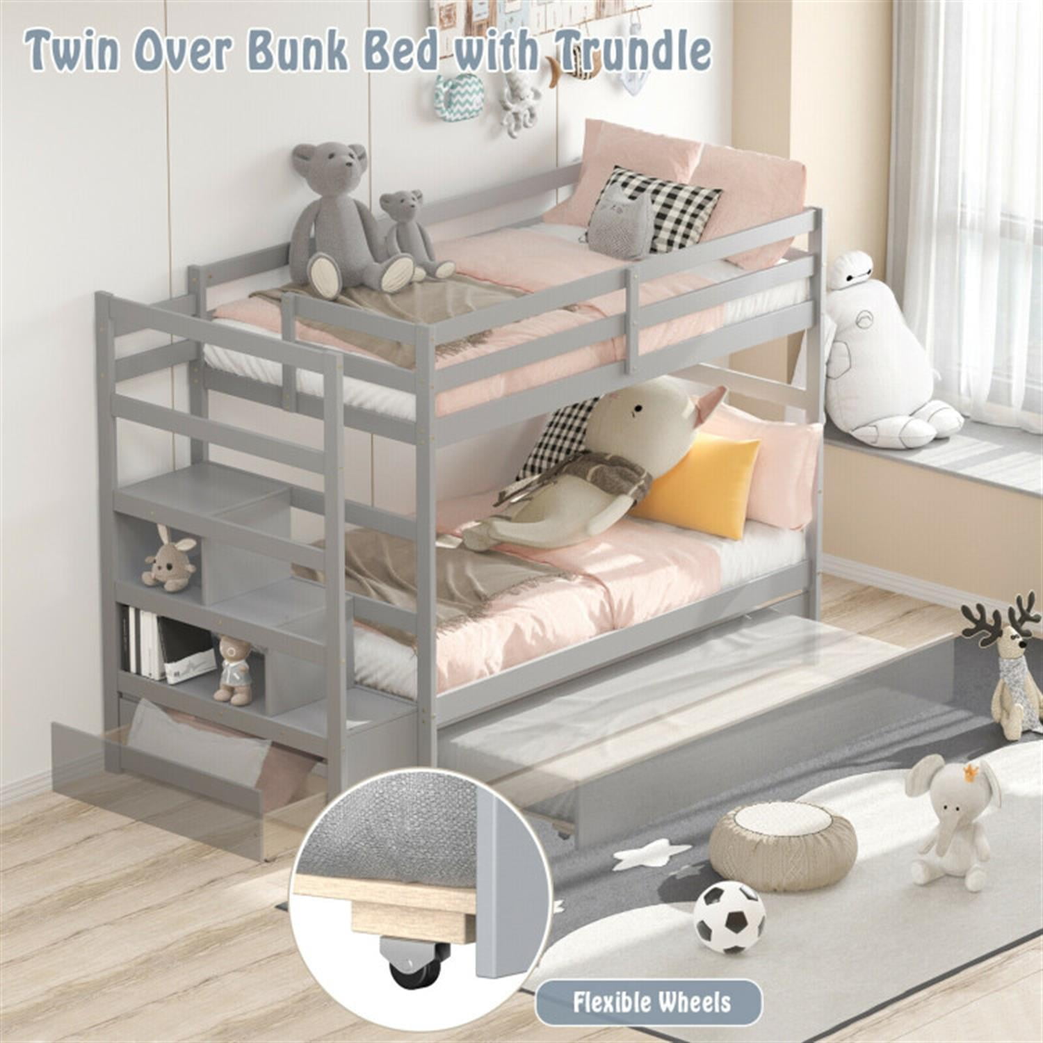 Demi Bonn Twin Pull-Out Bunk Beds with Ladder in the Steps and a Trundle, Bunk Bed Platform with Storage Shelf and Drawer, Gray