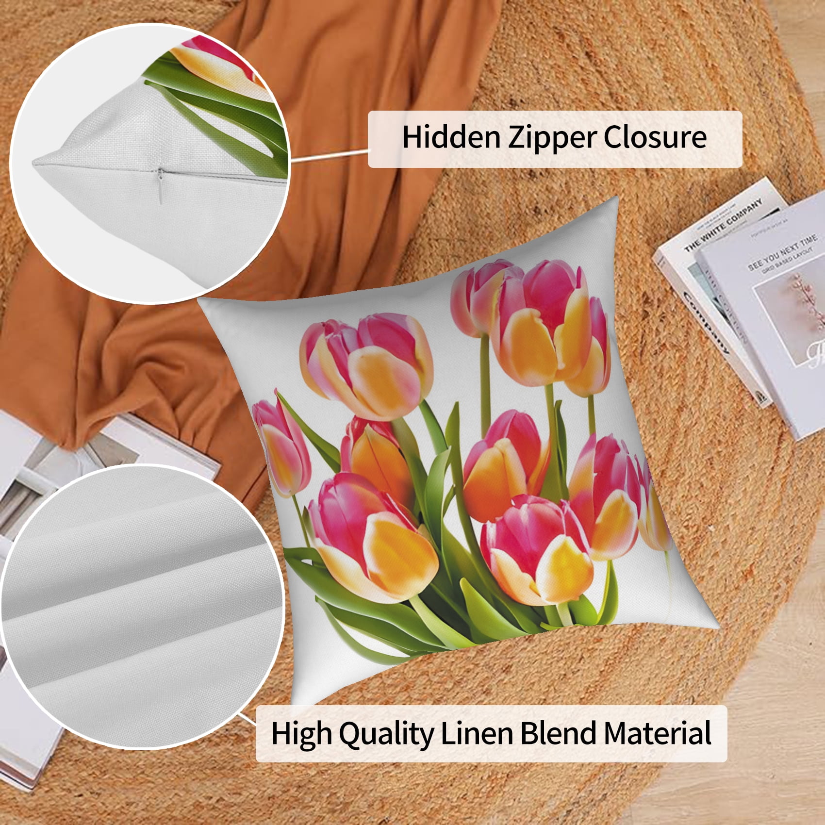 Pbobriich Tulip Summer Floral Pillow Covers 18 x 18 inch Set of 4 Farmhouse Colorful Linen Pillows Case for Patio Sofa Bed Decor