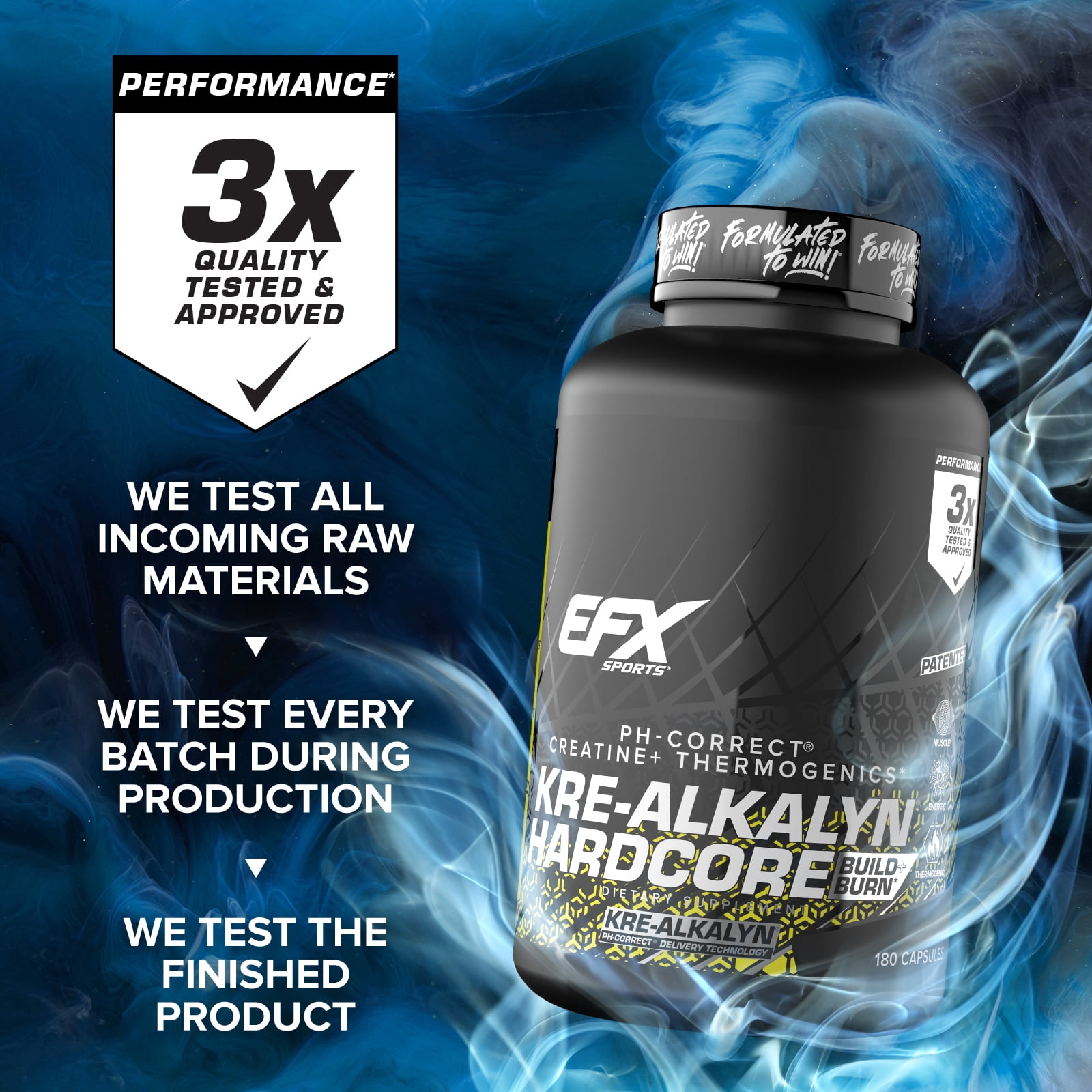 EFX Sports Kre-Alkalyn Hardcore , Thermogenic pH Correct Creatine Monohydrate Pill Supplement , Energy & Strength Pre Workout , 60 Servings, 180 Capsules 180 Count (Pack of 1)