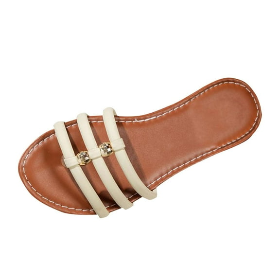 Beige Women Three Strap Decoration Metal Buckle Flat Sandals Summer Fall Fashion Trend Comfortable Slide Sandals