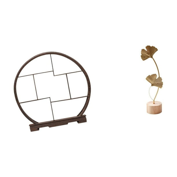 Expositor de artesanías,Expositor de madera para objetos de colección artísticos,Estante de exhibición antiguo de madera con decoración redonda,Escultura de hojas,Estatua de hoja de metal