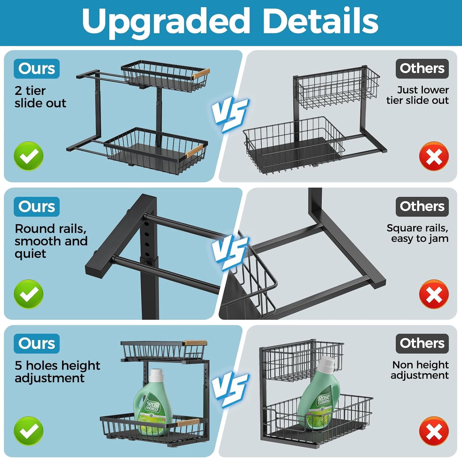 Under Sink Organizer 2 Pack, 2 Tier Pull Out Under Sink Organizers and Storage, Under Cabinet Organizer Shelf Drawers, Large Metal Adjustable Slide Out Under the Sink Organizer for Kitchen Bathroom.