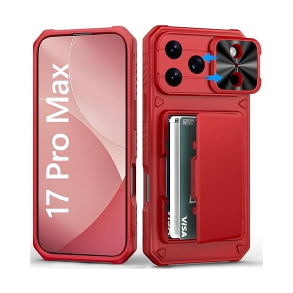 Wallet Case for iPhone 17 Pro Max, Card Holder (4-5 Cards), Slide Camera Cover, Daily Drop Protection, Heavy Duty Women Girly Men Protective Phone Cover for iPhone 17 Pro Max 6.9" 2025, Red