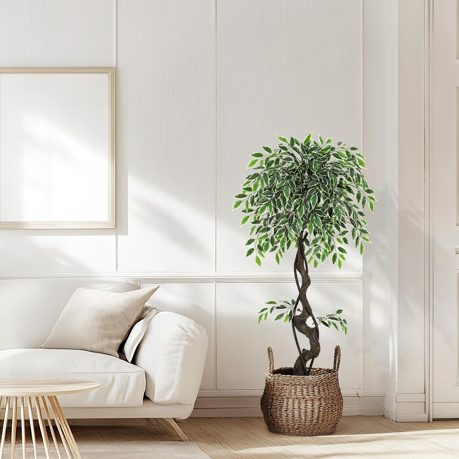 Ataucjin 4FT Artificial Ficus Tree,Faux Floor Tree White Imitation Ceramic Planter, Indoor Outdoor Lifelike Fake Ficus Tree with Pebbles & Green Fake Moss for Office Home Decor