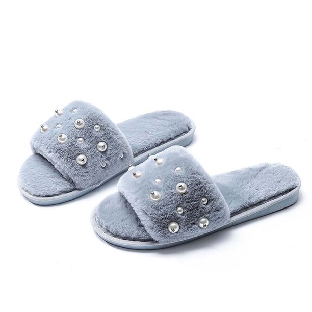 Pantuflas peludas para mujer, pantuflas acogedoras de felpa, zapatos de casa suaves y cálidos, zapatillas informales con perlas sólidas Wmkox8yii hj789