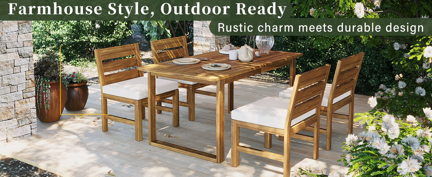 Mintazer 59" 5-Piece Outdoor Dining Set with Chairs & Cushioned, Farmhouse Patio Furniture Set for Garden Backyard Poolside, Brown & Beige