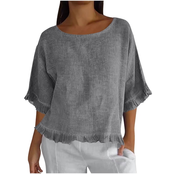 Kilaqueen Round Neck Ruffled Hem 3/4 Sleeve Cotton and Linen Pullover Top Casual Solid Color Lightweight Beach Gauze Shirts