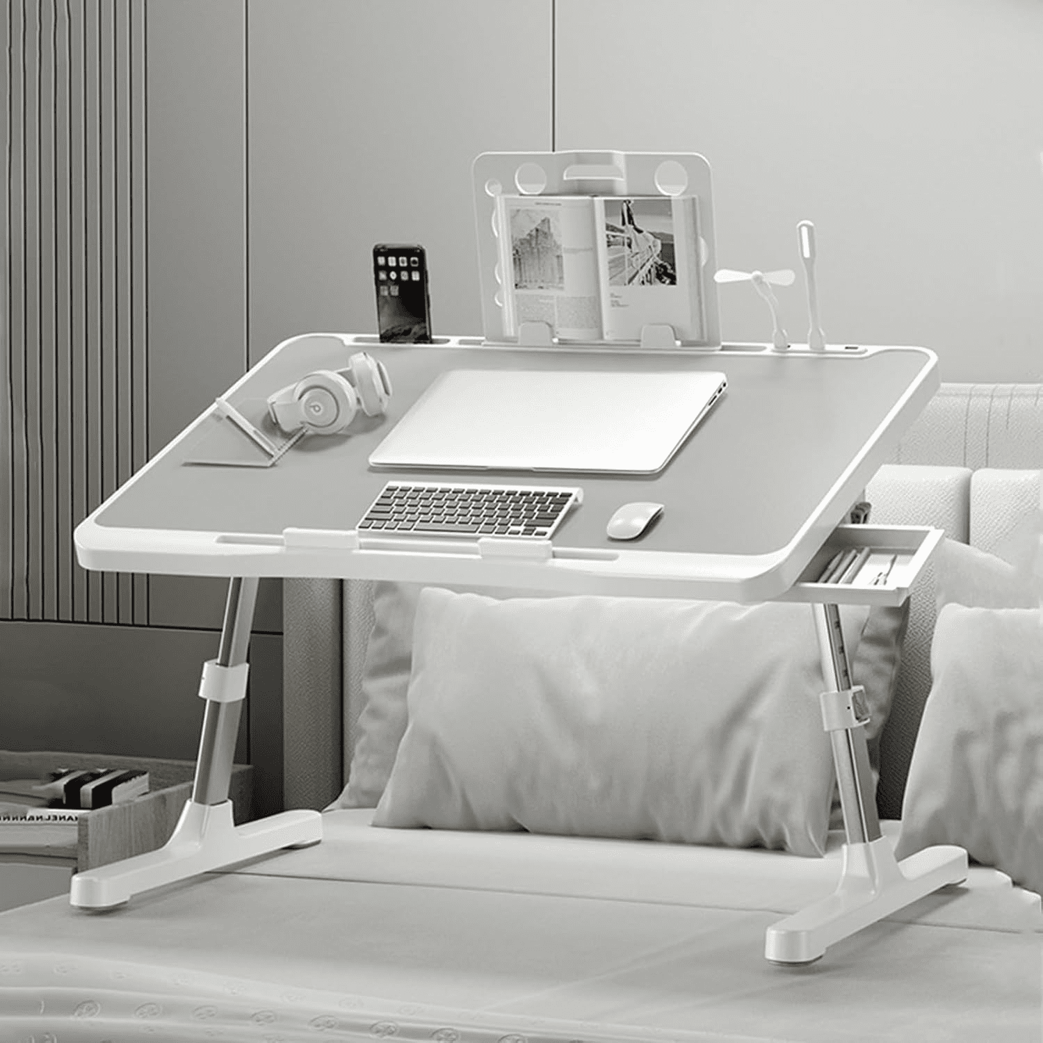Lap Desk Bed Tray Table, Adjustable Laptop Stand for Bed with USB/ Light/ Fan/ Drawer, Portable Laptop Desk Table for Bed/ Couch/ Sofa/ Reading/ Writing, Bed Trays for Eating And Laptops